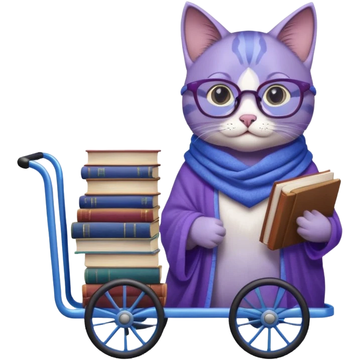 Purple and blue cat with reading glasses and a shawl, standing behind a 4 wheeled pushcart full of books emoji