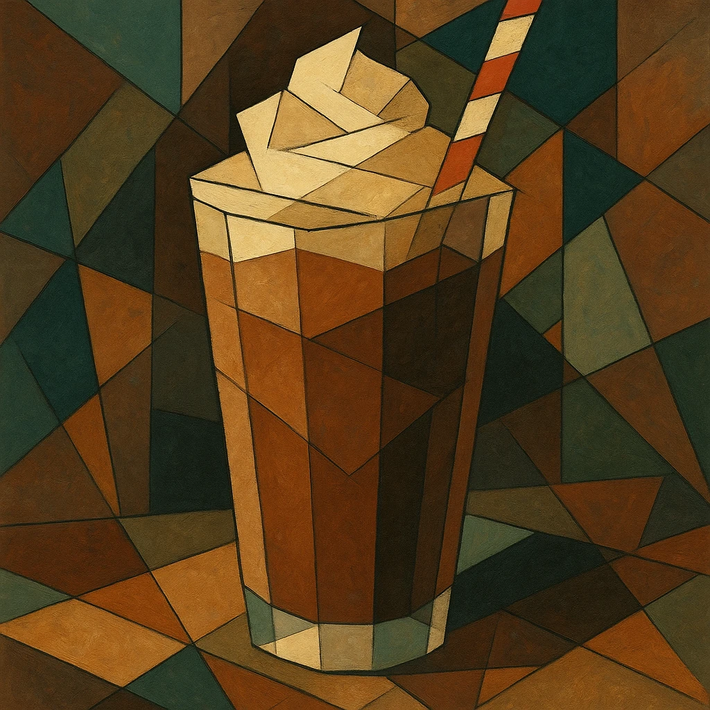 chocolate milkshake, geometric shapes, abstract emoji