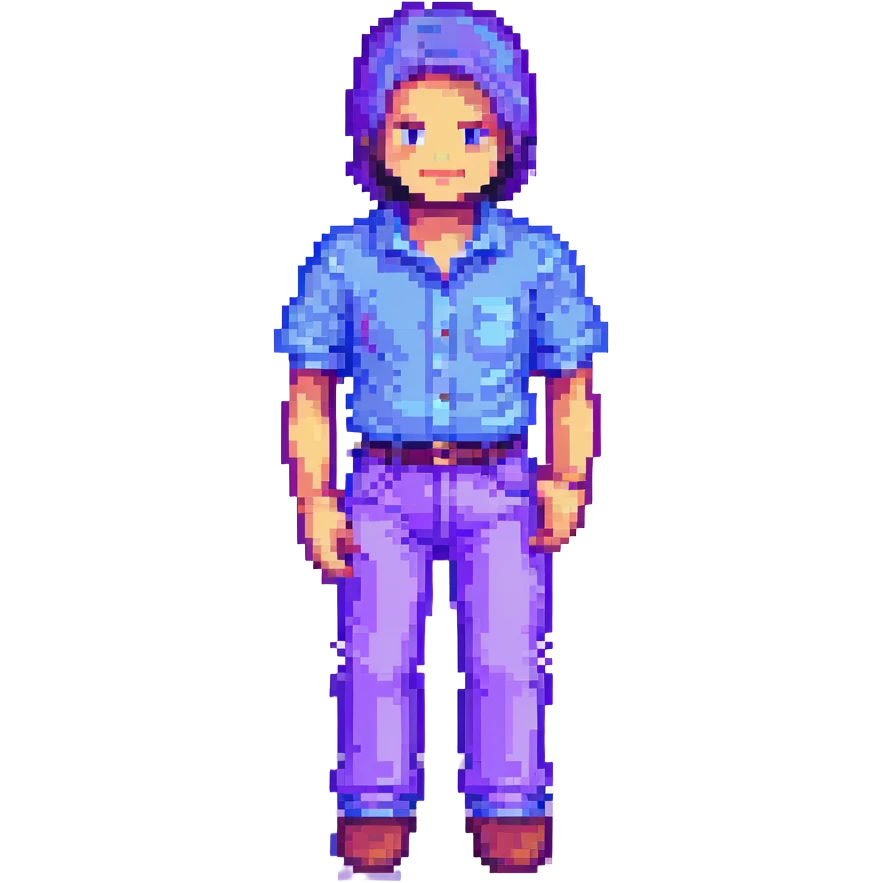 Minecraft character, pixel art style, blocky figure with blue shirt and purple pants emoji