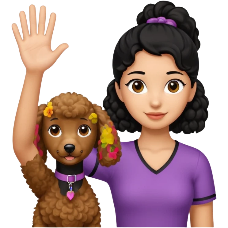 Ponytail black hair girl with brown Poodle say goodbye  emoji