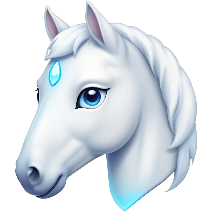 Cinematic Cute White Horse Portrait Emoji, Head tilted playfully and inquisitively, showcasing a glossy white fur with a luminous sheen and gentle, expressive blue eyes, Simplified yet irresistibly adorable features, highly detailed, glowing with a warm, friendly glow, high shine, affectionate and spirited, stylized with a touch of whimsy, bright and endearing, soft glowing outline, capturing the essence of a mischievous yet loving horse, so playful it feels like it could prance out of the screen and into your arms! emoji