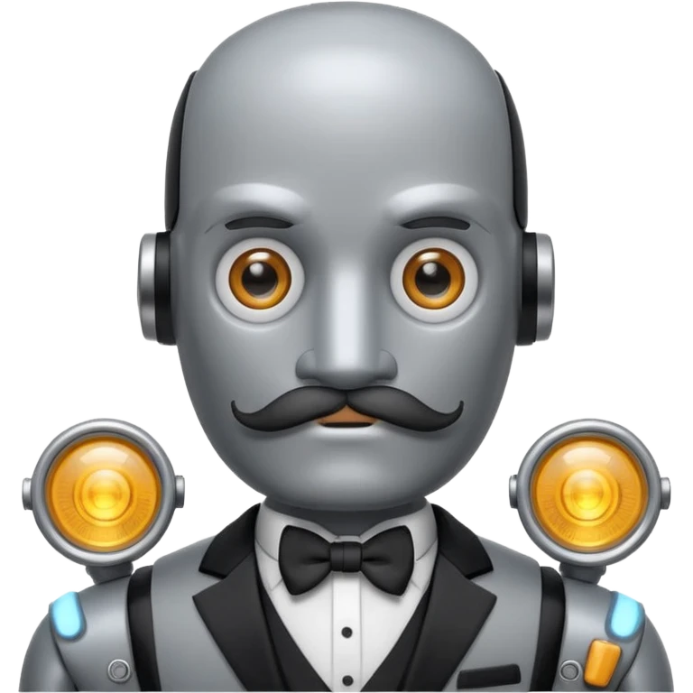 Gray Robot with a cylindrical head, thick handlebar moustache, headlight eyes, wearing a tuxedo, buff emoji