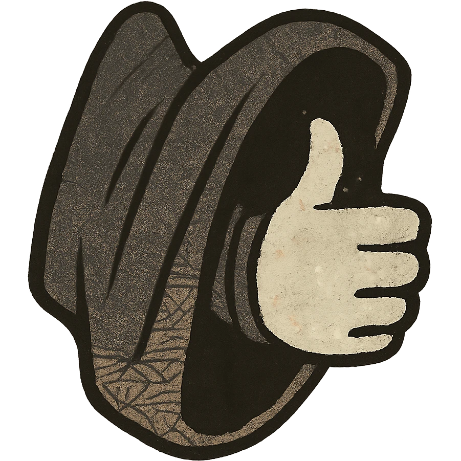 A shadowy hand emerging from a dark, mysterious cloak sleeve giving a thumbs up gesture. The hand is semi-gloved or ghost-like, with slight glowing accents or glitch particles. Stylized in anime form, high contrast, bold lines, emoji-sized, transparent background, designed for use as a YouTube membership emoji. emoji