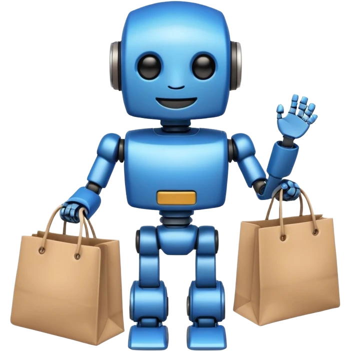 black friday robot with blue and metalic colours with bags in his hands smiling emoji