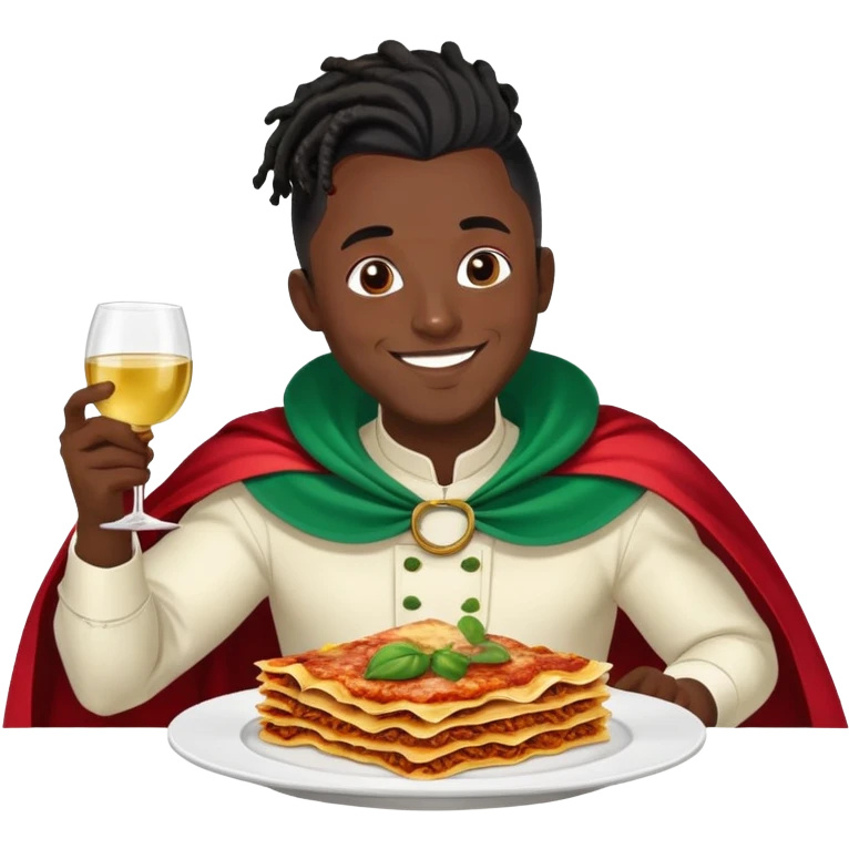  High fade widows peak ponytail dreadlock male black hair dark skin smiling and nigerian cape eating lasagna and wine  emoji