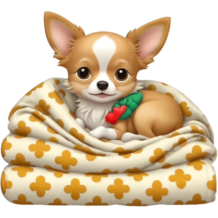 Long haired chihuahua, beige head, white chest and socks, sleeping cutely under blanket emoji
