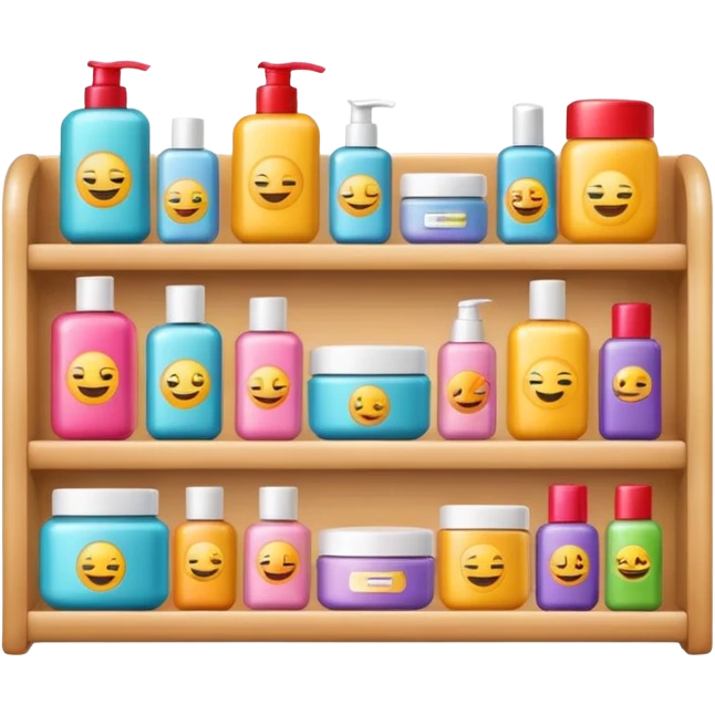 emoji of front view beauty product shelf with last item with brand label emoji
