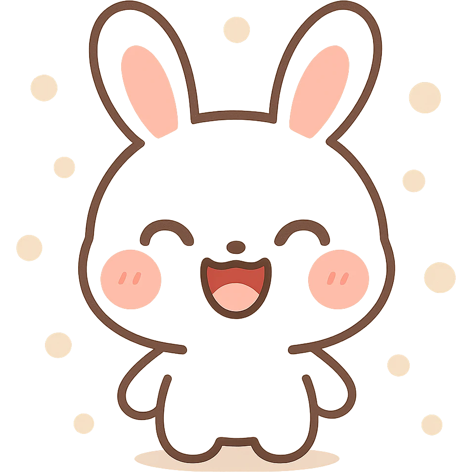 kawaii cartoon bunny, white with soft pink cheeks, large upright ears with pink insides, closed crescent-shaped eyes, wide open mouth laughing, rounded head, minimalistic clean lines, chibi proportions, centered, subtle shadows, warm lighting, soft features, vector pen tool, flat color palette, smooth bezier curves, thick dark outlines, simplified color shading, high-contrast expression, emoji character design, sticker-ready emoji