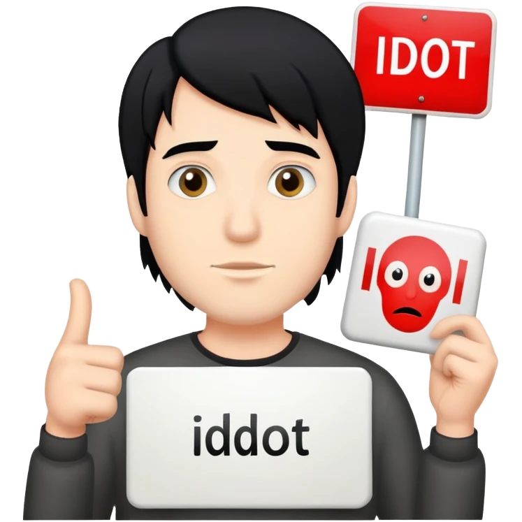 holding “idiot” sign. guy with black hair emoji