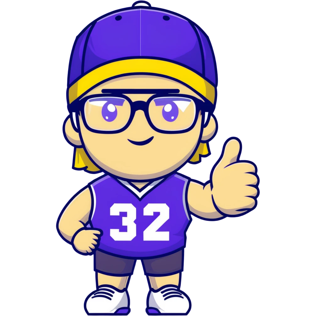 Man with black and white cap, purple sports jersey with number 32, clear glasses, light blond mullet hairstyle, thumbs up gesture, relaxed expression emoji