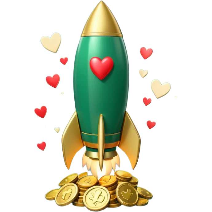 3D rocket with coins and hearts, deep green color (#0B3D2C), gold accents (#C9B037), cream highlights, glossy modern style, transparent background emoji