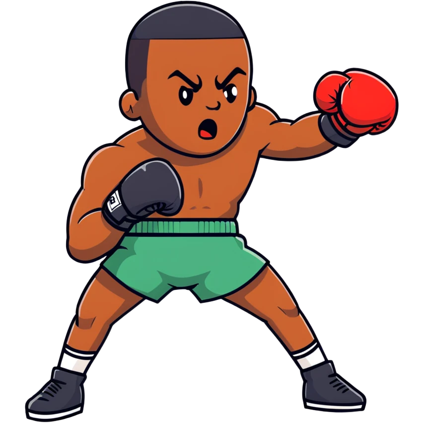 A determined 19-year-old Black male boxer throwing a punch, wearing boxing shorts and gloves emoji