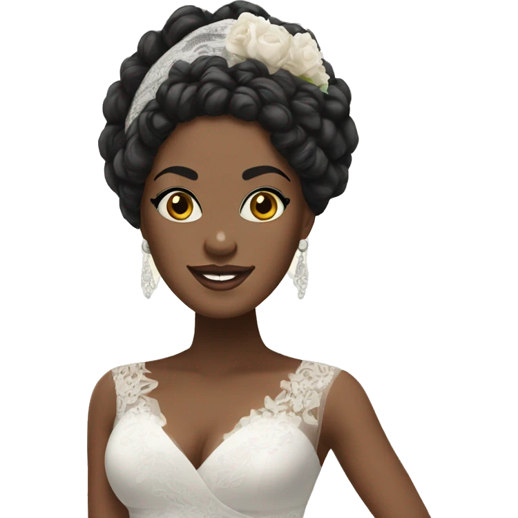 Bride with black curly hair wearing African head wrap and African dress emoji