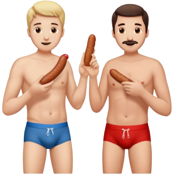 Two guys standing next to each other grabbing a sausage in the other’s underwear emoji