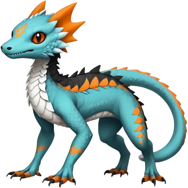 Rare realistic exotic cute white gloomy whitish and orange and cyan epic pretty beautiful handsome gorgeous aesthetic colorful vibrant Vernid-Trico-species-Fakemon-Salandit-hybrid-creature by LiLaiRa, 4 legs, 1 tail, random markings, (full body) emoji