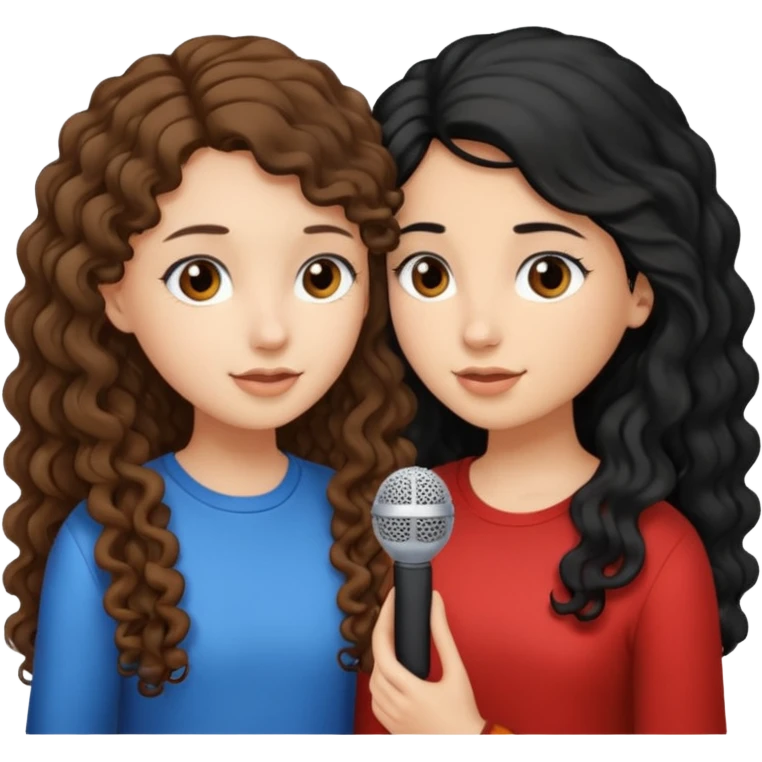 two girls, one girl have a long curly brown hair and the other have a straight black hair, they face to face practice speaking  emoji