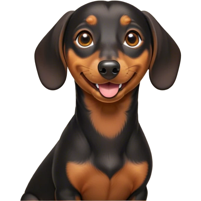 Cinematic Comical black and tan Dachshund Portrait Emoji, Head tilted dramatically with an exaggeratedly amused expression, featuring a sleek black and tan coat with a vibrant sheen, wide, expressive brown eyes filled with playful disbelief, Simplified yet hilariously expressive features, highly detailed, glowing with a slightly sassy glow, high shine, dramatic yet playful, stylized with an air of cheeky humor, bright and endearing, soft glowing outline, capturing the essence of a spirited and over-the-top companion, so meme-worthy it feels like it could side-eye its way into internet fame instantly! emoji