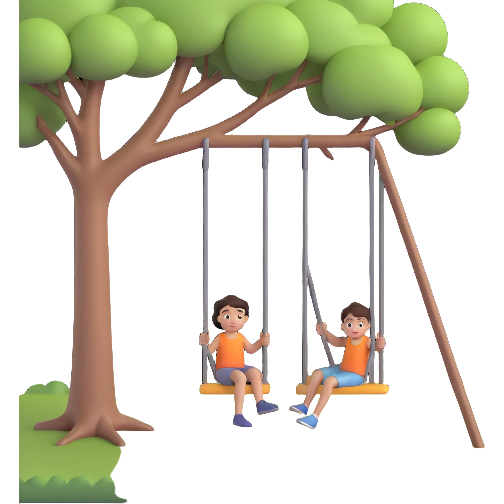 A person pushing a swing with a child sitting on it, outdoors, under a tree, in daylight. The swing is moving back and forth. Focus on the motion of swinging and the person gently pushing it emoji