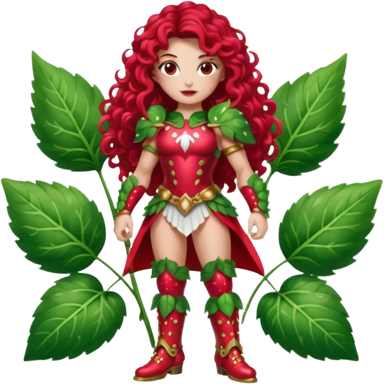 full body woman long curly brown hair brown eyes white skin tattoos muscular build dressed as strawberry spirit, glossy berry armor, leaf boots, confident pose emoji