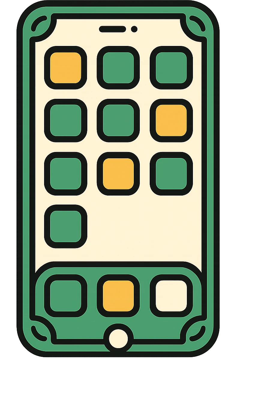 iPhone facing forward with visible app icons, classic look, green gold and white color scheme, elegant lines, decorative details emoji