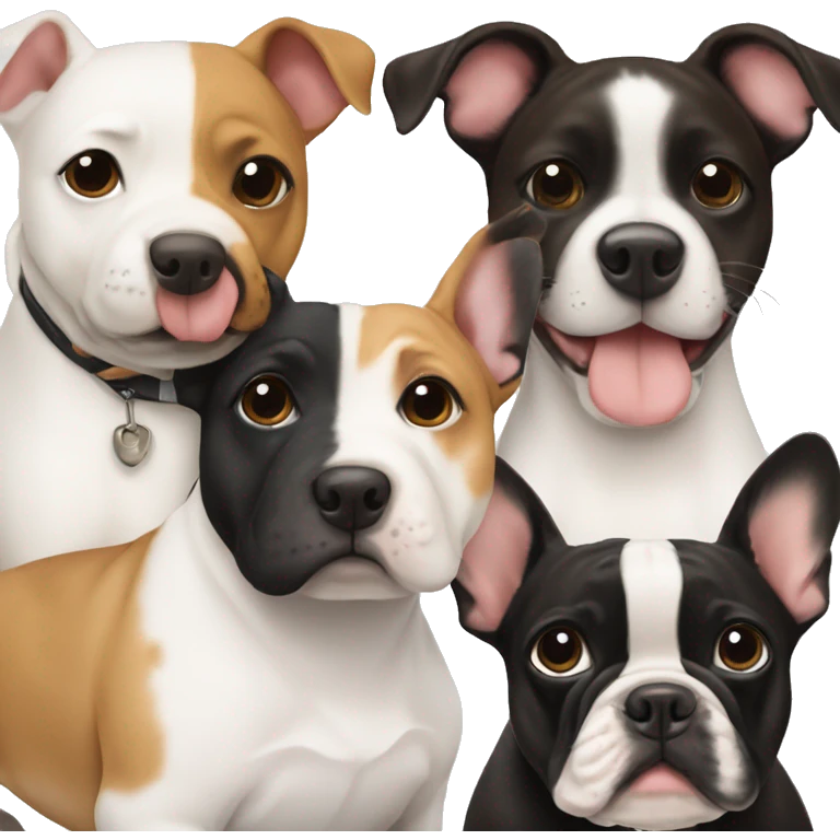 Two dogs, a White Bull terrier, and a black-and-tan frenchie hugging emoji