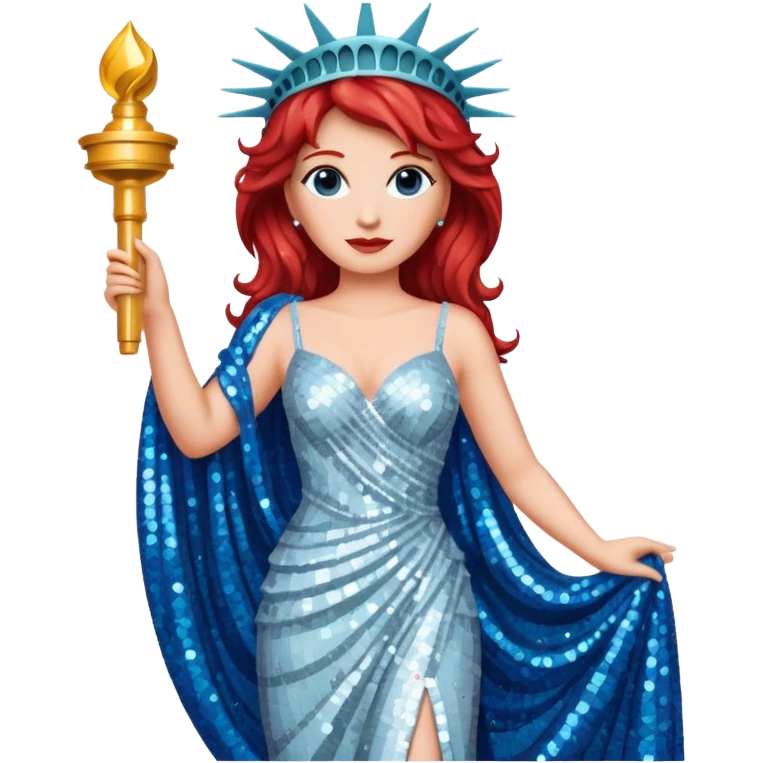 Lady Liberty from Film Studios with red wavy hair, white sequin gown, blue sequin drape emoji