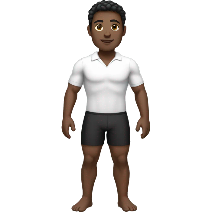 swimming teacher, dark skin, black hair, short, wearing a white shirt, black shorts, normal physical build, lower lip a little larger than the upper lip. emoji