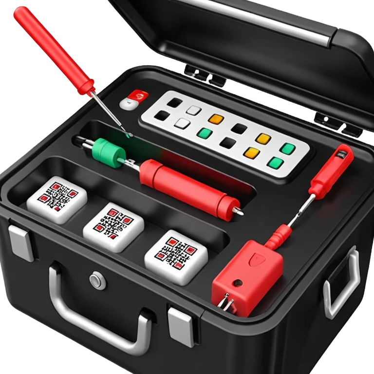 An open, black outdoor test case.Interior: control panel with colored test jacks, USB ports, and a power outlet. A red test probe is located next to it. On the left side of the case is a large roll of white, round test labels displaying QR codes.  emoji