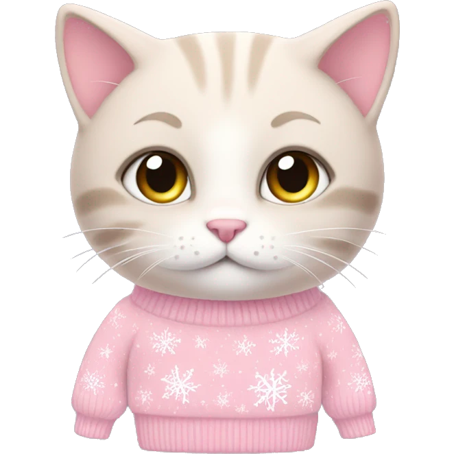 Kitty  wearing pastel pink  coquette sweater that has snowflakes on it emoji