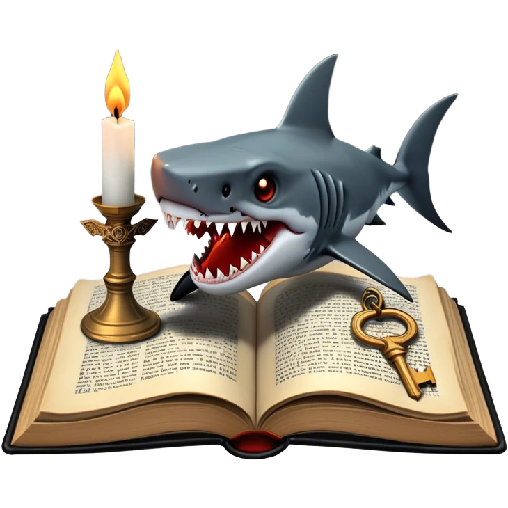Icon for Horror & Mystery Reading: an open book with eerie glowing symbols, from which rise Dracula with fangs, flying bats, a zombie hand, and a lurking shark with sharp teeth. Surrounding elements include a flickering candle and an old key. Transparent background. emoji