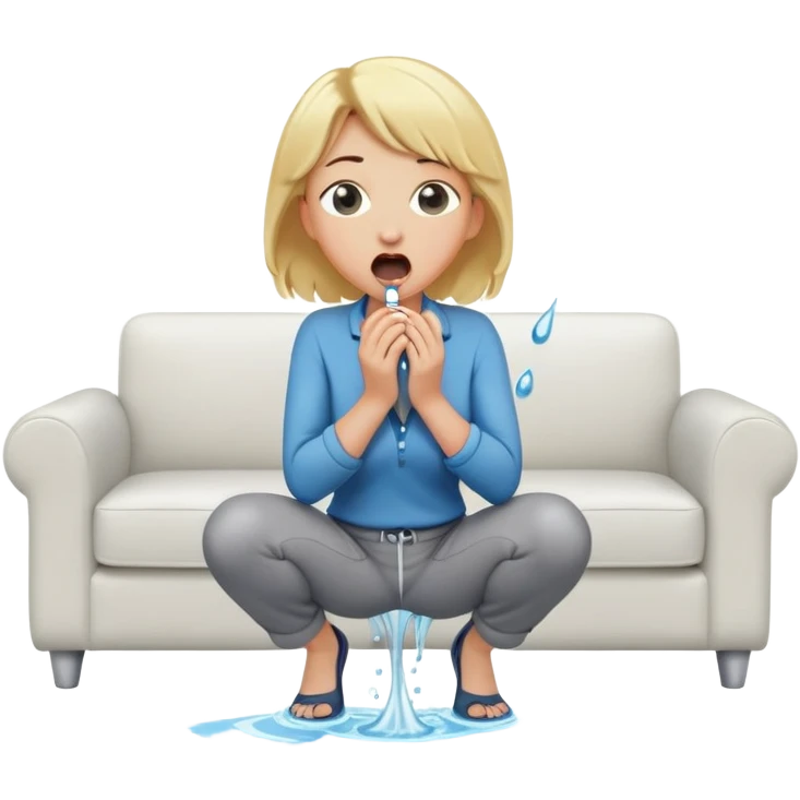 round-faced blond woman kneeling, shocked expression, playful cartoon stick with D-shaped knob and exaggerated features coming from trousers in front of her face, water jet into her mouth, white couch behind emoji