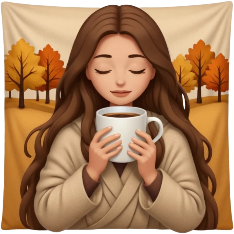 long brown hair woman closed eyes hiding under a cozy wool beige blanket, holding cup of coffee, autumn mood emoji