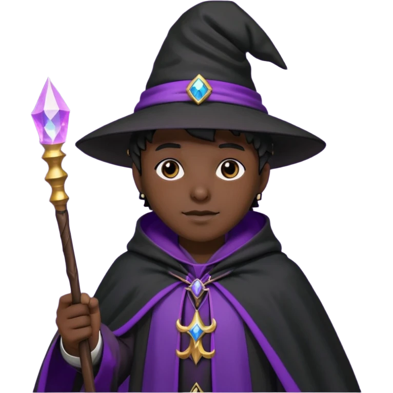 Wizard, black cloack with black hat, wand with purple magic, anime style, 3d emoji