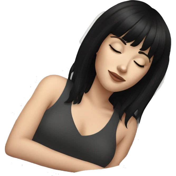 Woman pale skin black hair with bangs sleeping in bed, white woman emoji