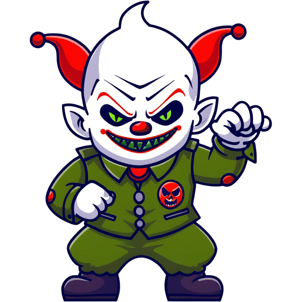 evil clown warrior, bald, very short devil-like horns on forehead, fangs, pointed ears, black and military green leisure suit, battle-ready fighting posture emoji