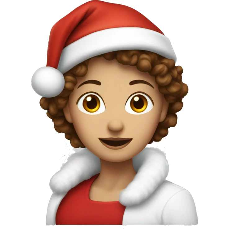 White lady with brown curly heat wearing Santa hat emoji