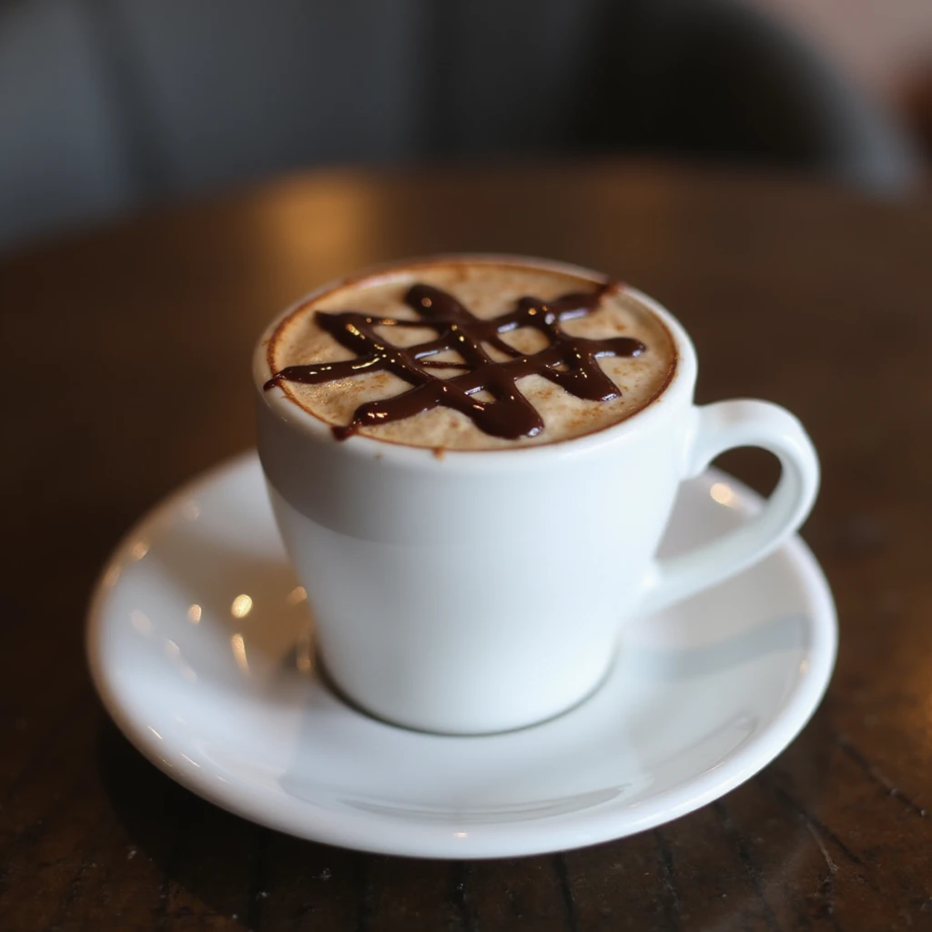 a realistic cup of mocha, photorealistic style, white ceramic cup, chocolate drizzle on top, creamy texture, cozy coffee shop vibe emoji