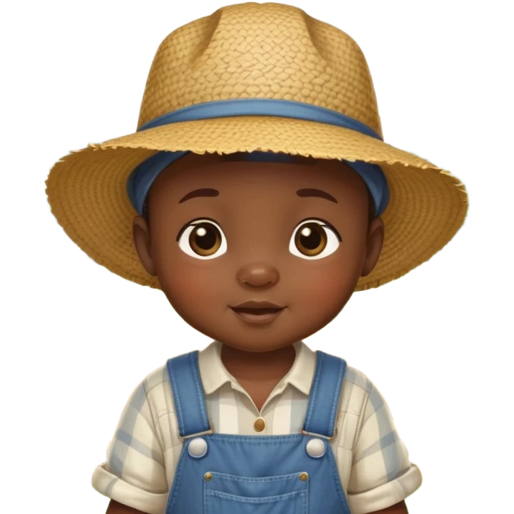 African baby in vintage countryside clothes, overalls, straw hat, chubby cheeks, rural farm setting emoji