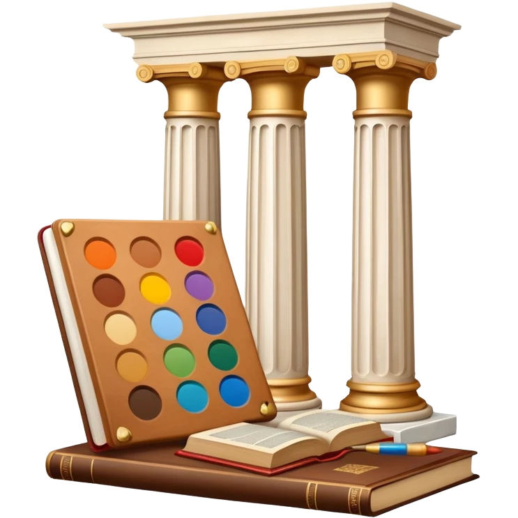 An icon featuring a paint palette, a sculpture, and a book, symbolizing the study of culture and art. The design includes a classical column and a canvas, representing art history and cultural exploration. Transparent background highlights the connection between creativity and history. emoji