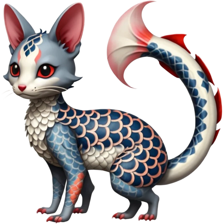 Japanese oriental Asian Edgy badass swimmy wet painted intricate ornate Japanese Asian koi-Minccino-Lykoi-Emolga-Sphynx-Linoone-Zangoose-fusion-hybrid-animal-Fakémon-creature, full body, thin long sleek scaly tail, intricate markings emoji
