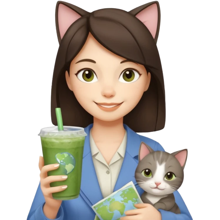 a brunette woman in here 30S drinking an iced matcha, carrying a grey cat and a map of the world emoji