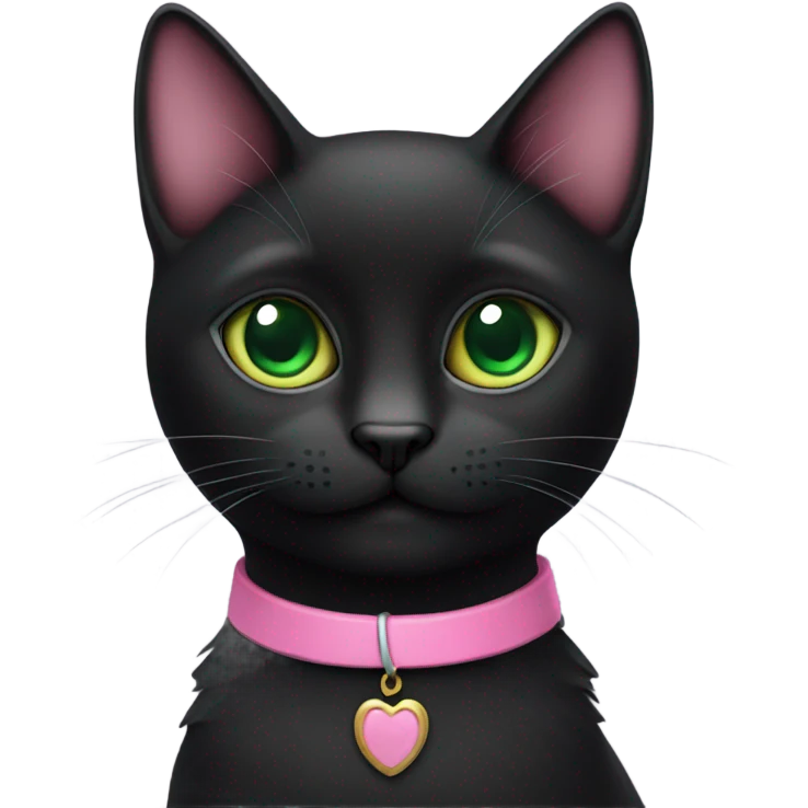 small black cat with big green eyes and pink collar emoji