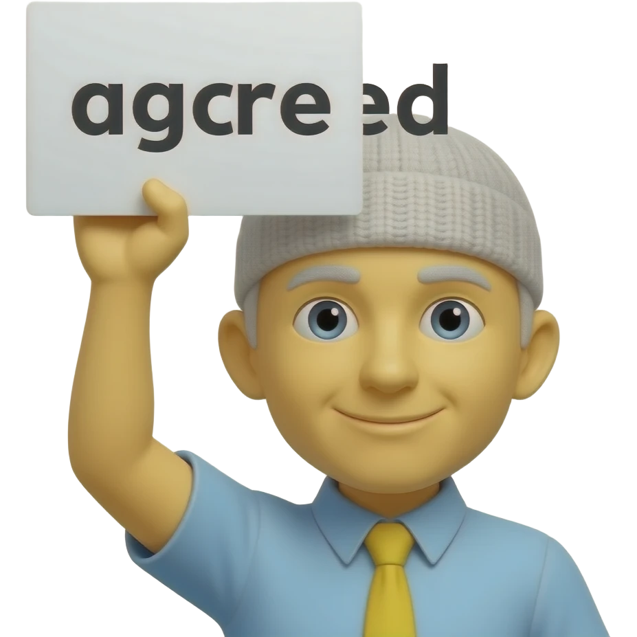 Yellow smiley face holding up a sign that says "agreed" emoji