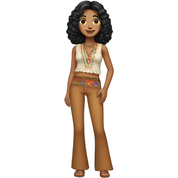 Tanned woman with black hair dressed in 1970s hippie attire, hair, makeup, and attire emoji