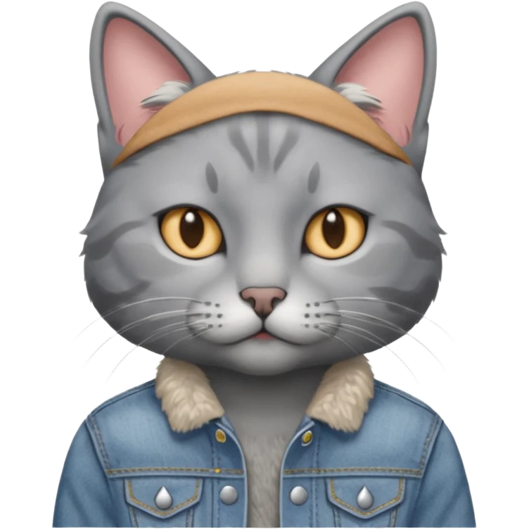 Gray cat with calm eyes, half body, jean jacket emoji