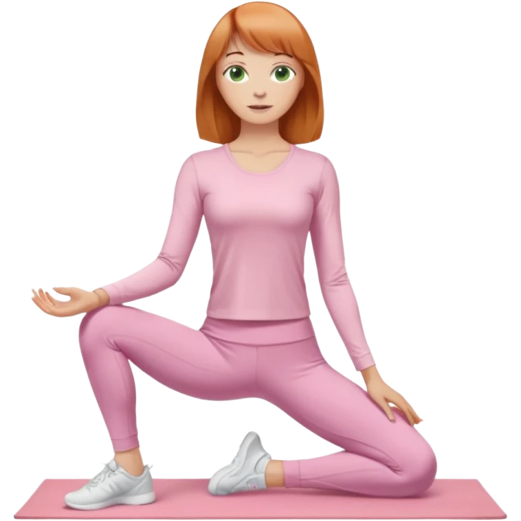 chin length ginger hair woman with bangs, green eyes, wearing long sleeve light pink yoga top, long flare light pink yoga pants, white sneakers, in gym emoji
