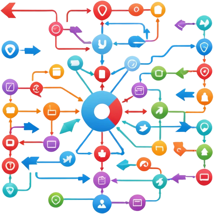 colorful flowchart diagram with many arrows connecting icons emoji