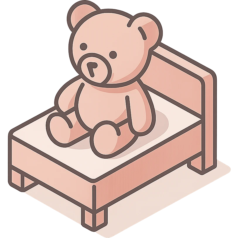 Add a cute teddy bear sitting on the bed, keep the minimalist isometric style and pink color, no background. emoji