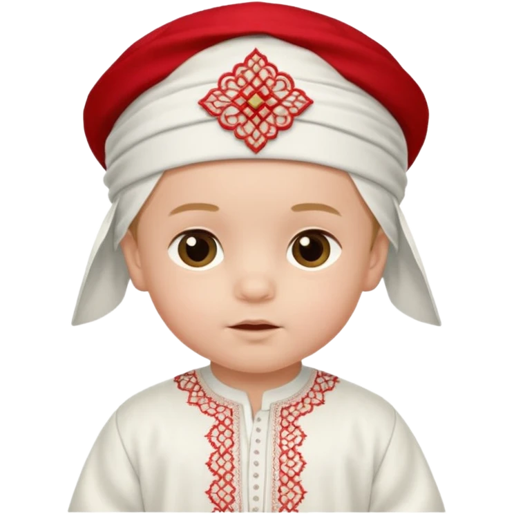  baby boy dressed in wight ghalibiya with delicate decorations with a red Moracain hat  emoji