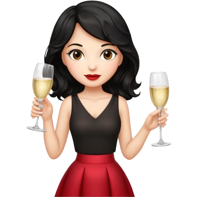 A woman with wavy black hair in a cherry skirt, beautiful and authoritative, drinking champagne emoji